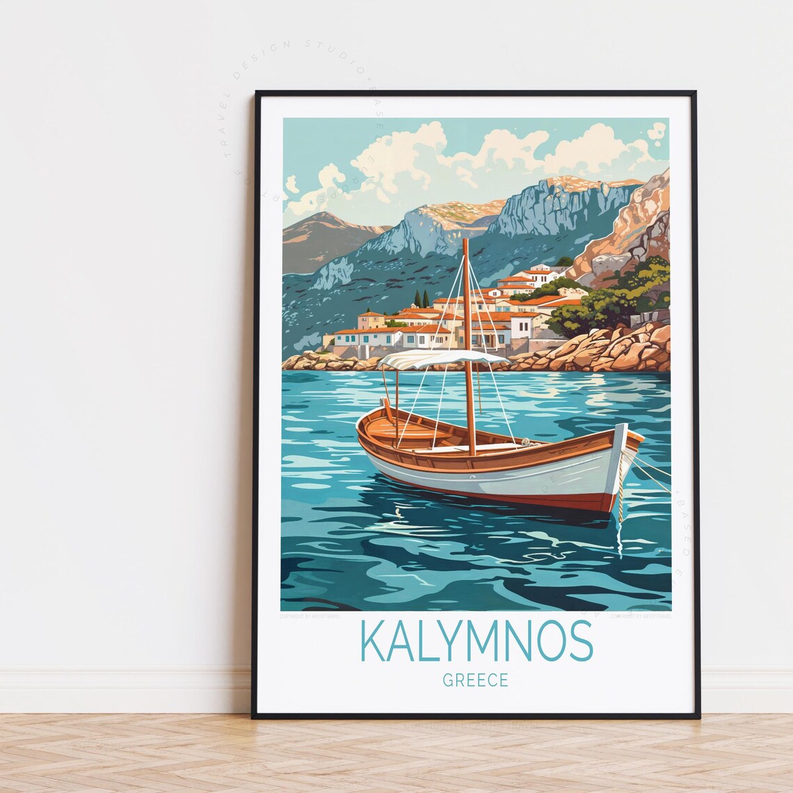 Kalymnos Greece Wooden Sailboat Before Coastal Village Cliffs Poster