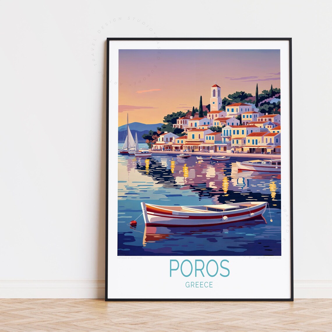 Poros Greece Sunset Harbor White Rowboat Golden Water Poster