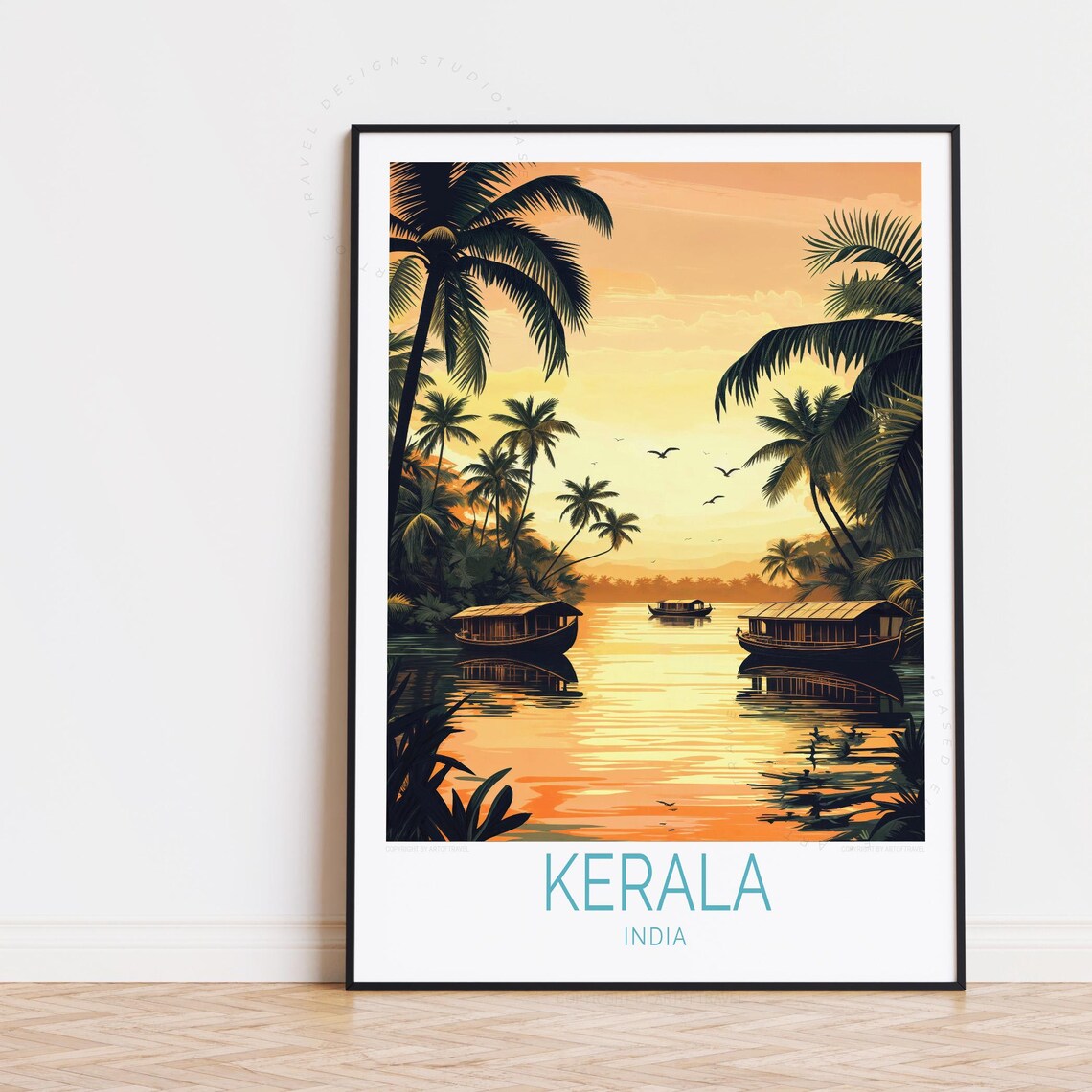 Kerala India Backwaters Sunset Houseboats Palm Travel Poster