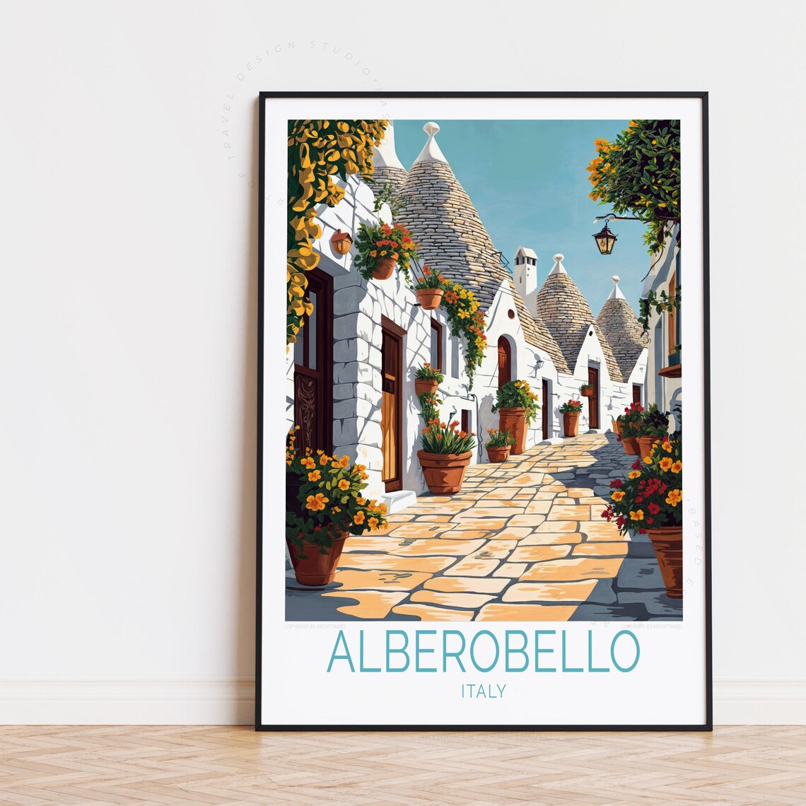 Alberobello Italy Trulli Stone Cones Flower Street Travel Poster