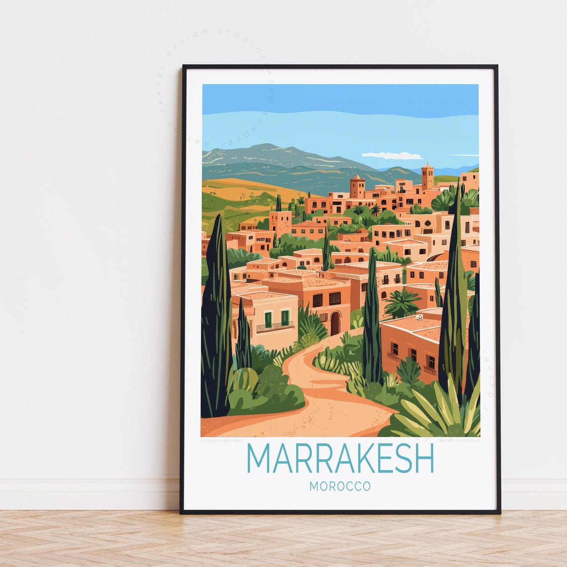 Marrakesh Morocco Hillside Village Cypress Trees Travel Poster