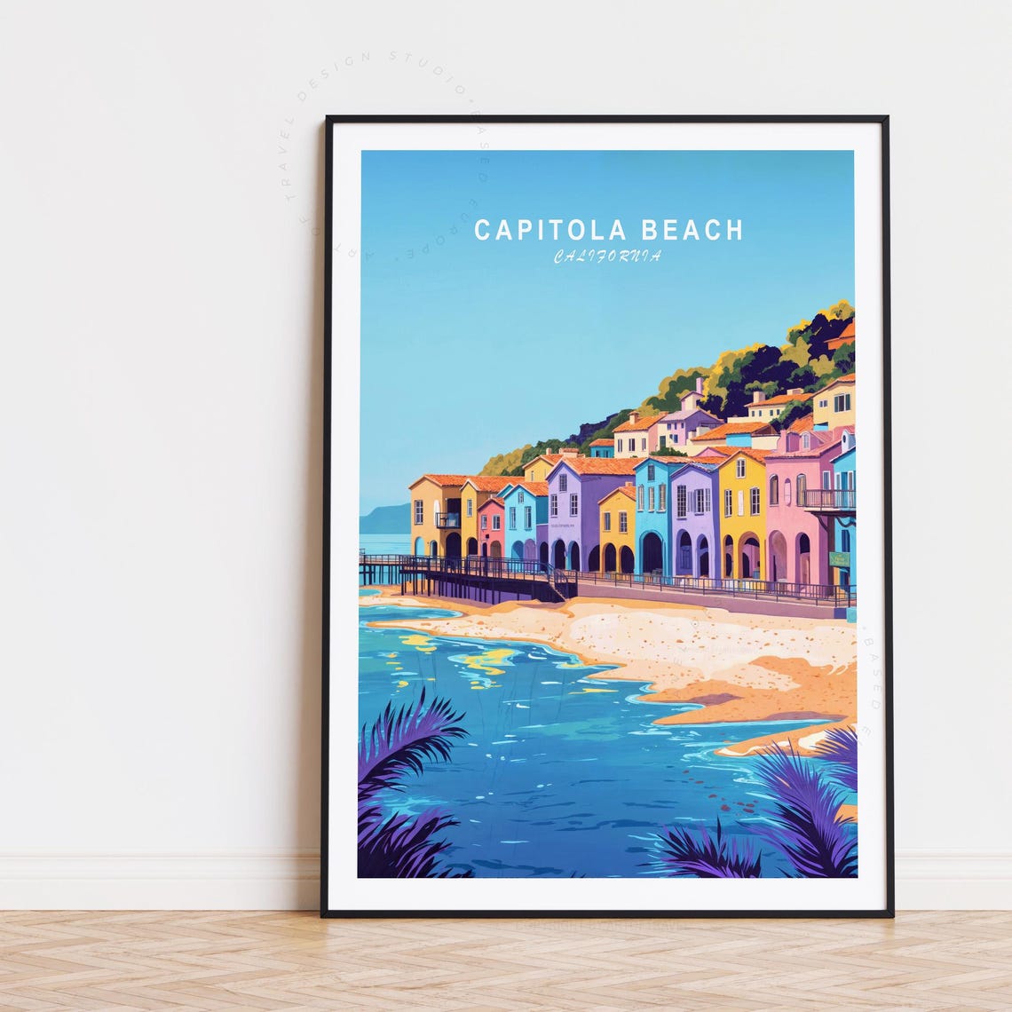 Capitola Beach California Pier Houses Vintage Coastal Travel Poster