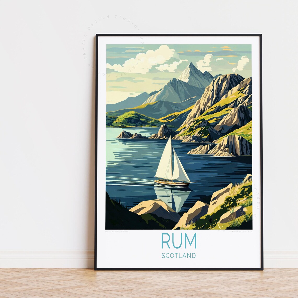 Rum Scotland Sailboat Mountain Lake Scene Vintage Travel Poster