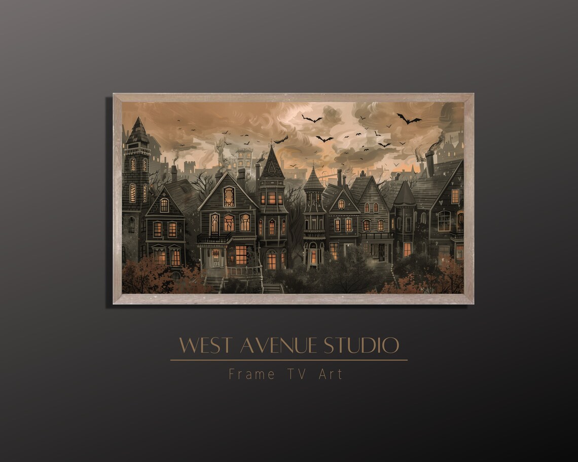 Haunted Victorian Houses At Dusk Bats Glowing Windows Spooky Town Poster - Image 3