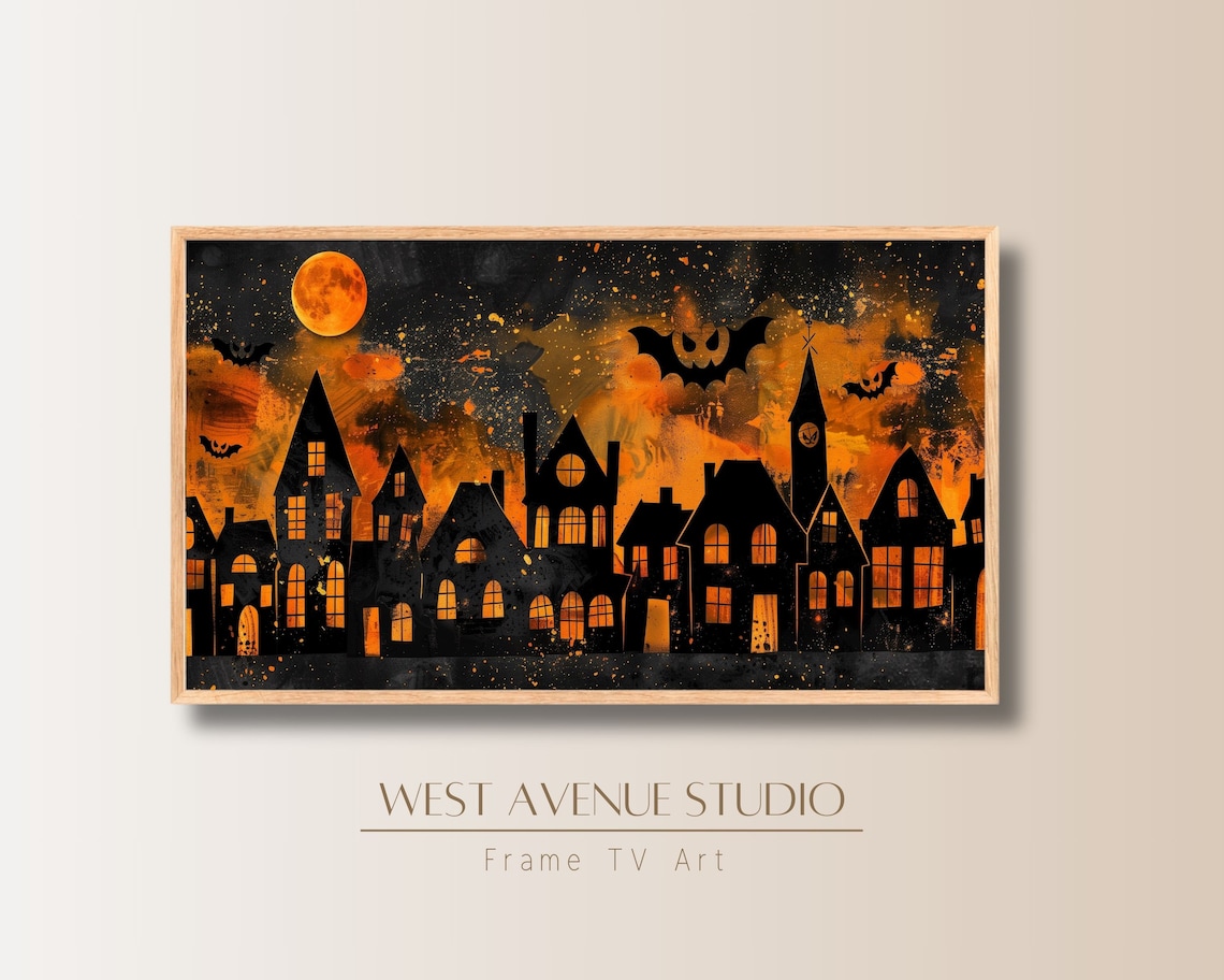 Halloween Town Silhouette Fiery Orange Sky Full Moon Bats Night Art Poster - Image 5