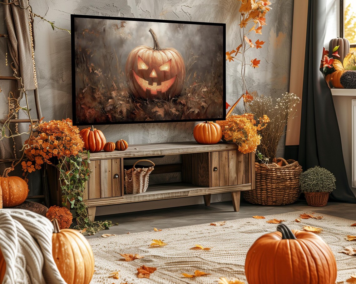 Glowing Jack O Lantern Autumn Field Misty Halloween Pumpkin Painting Poster - Image 5