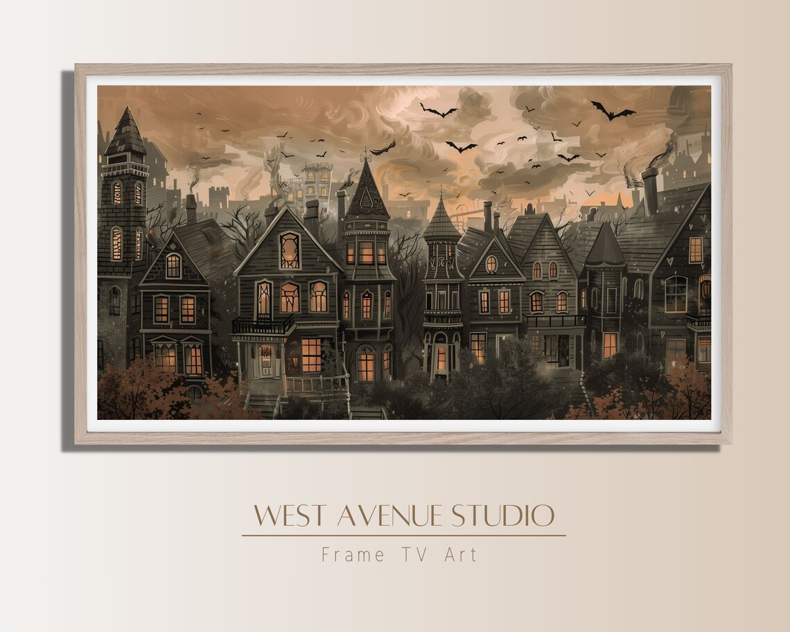 Haunted Houses At Sunset Bats In Sky Glowing Windows Halloween Art Poster - Image 2