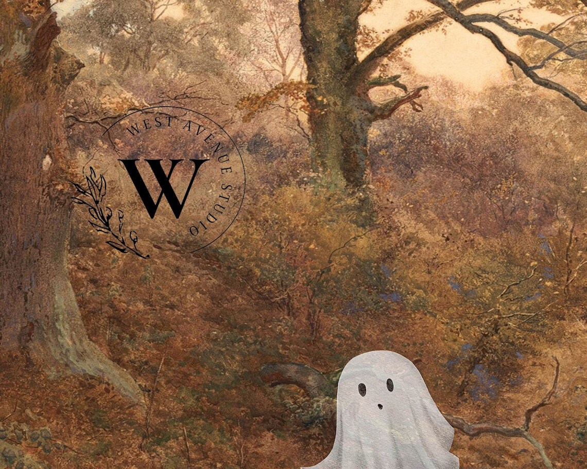 Vintage Autumn Woods Painting with Cute Hidden Ghost Fall Halloween Art Poster - Image 4