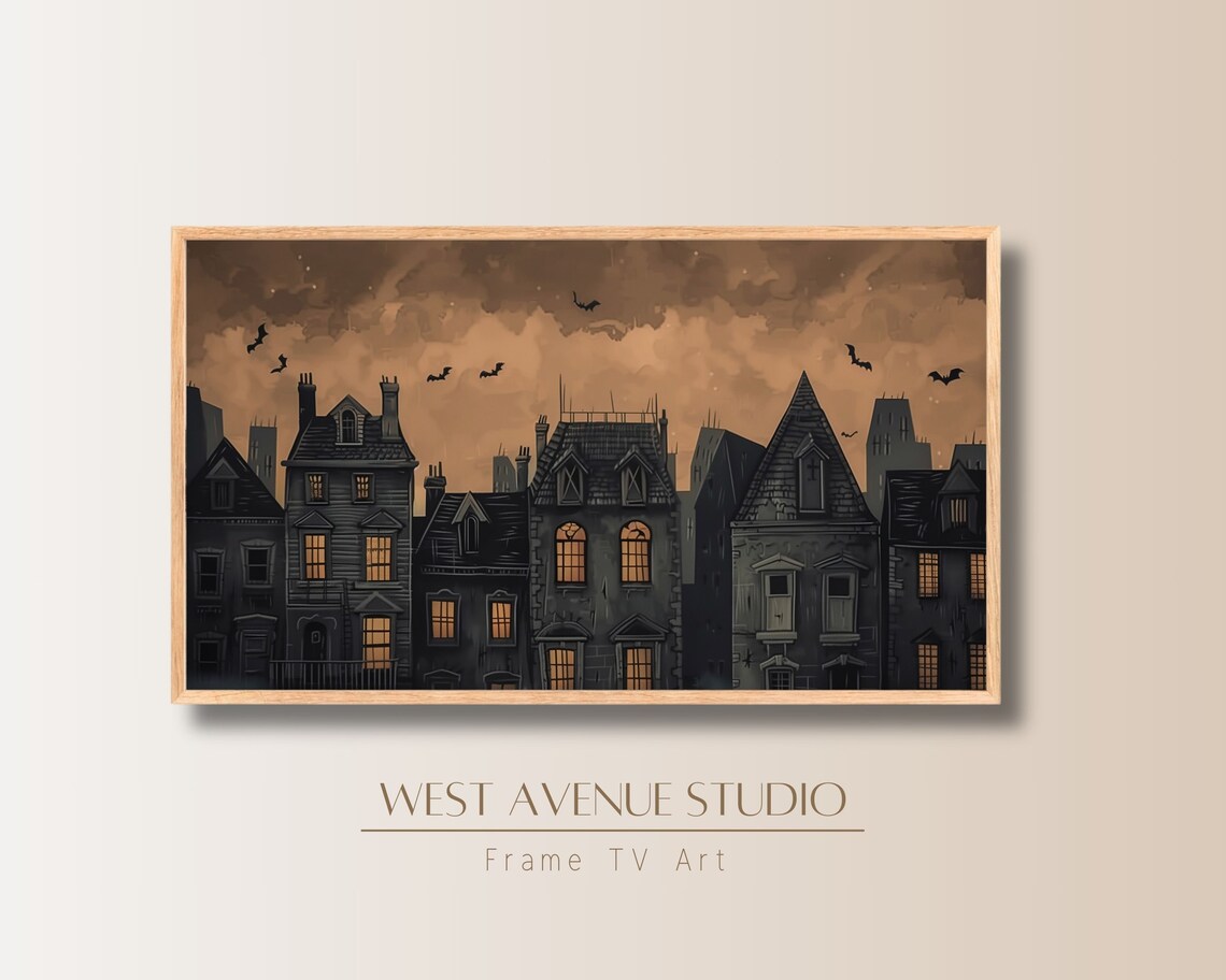 Spooky Halloween Town Glowing Windows Orange Sky Bats Vintage Night Art Poster