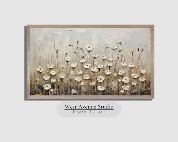 Textured White Wildflowers Impasto Painting Pale Blue Neutral Spring Art Poster