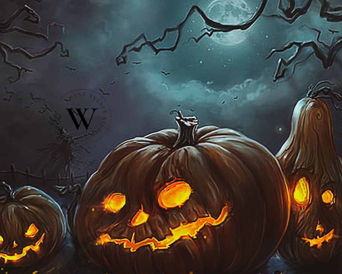 Glowing Jack O Lanterns Full Moon Spooky Night Bats Happy Halloween Art Poster - Image 3
