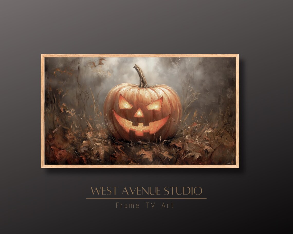 Glowing Jack O Lantern Autumn Field Misty Halloween Pumpkin Painting Poster - Image 2