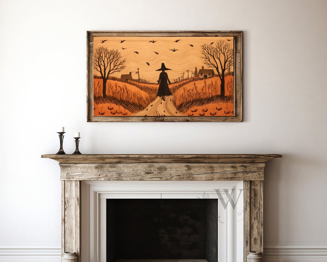 Witch Walking Country Path Wood Grain Folk Art Crows Pumpkins Halloween Poster - Image 4