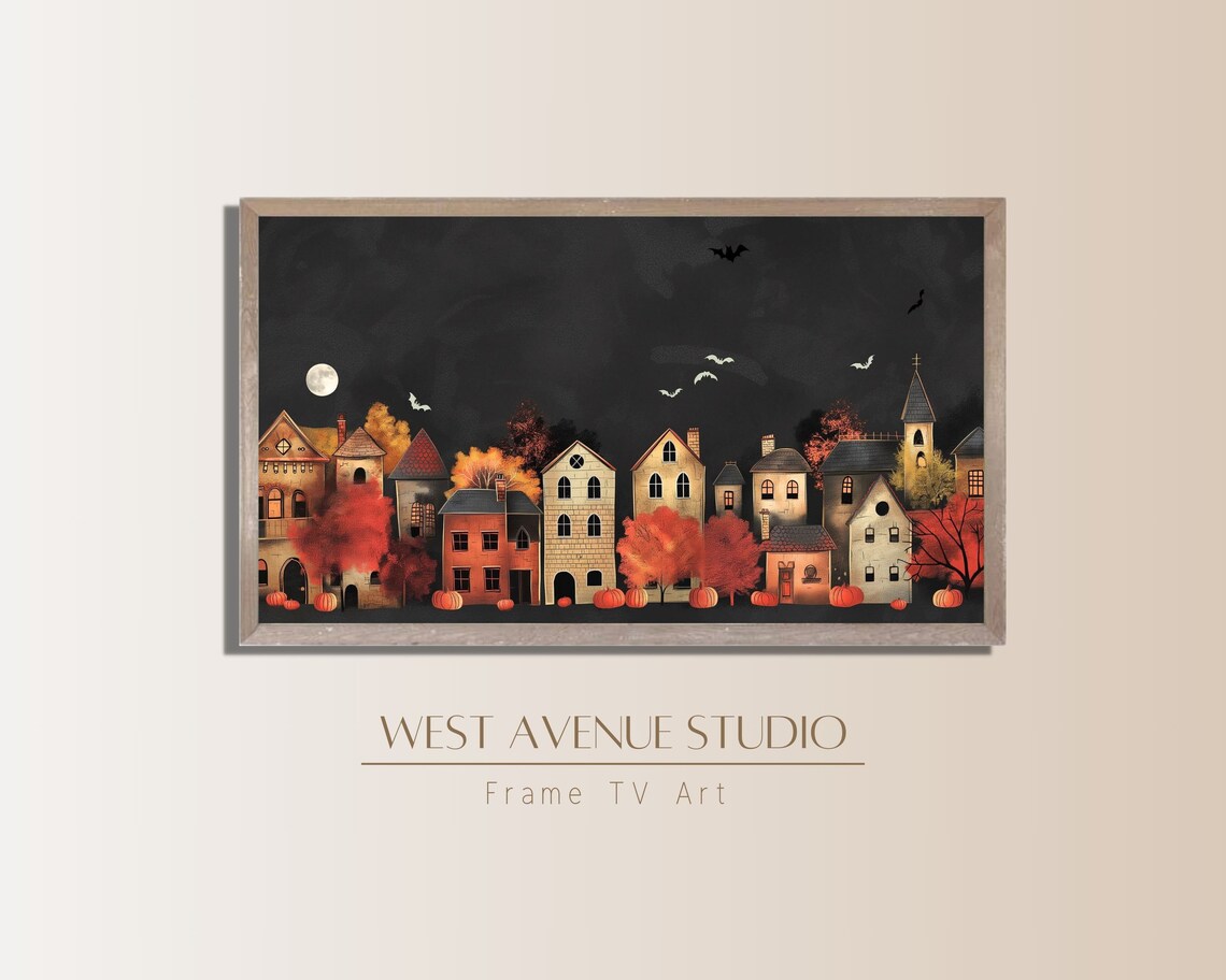Storybook Halloween Village Pumpkins Full Moon Bats Autumn Night Art Poster - Image 2