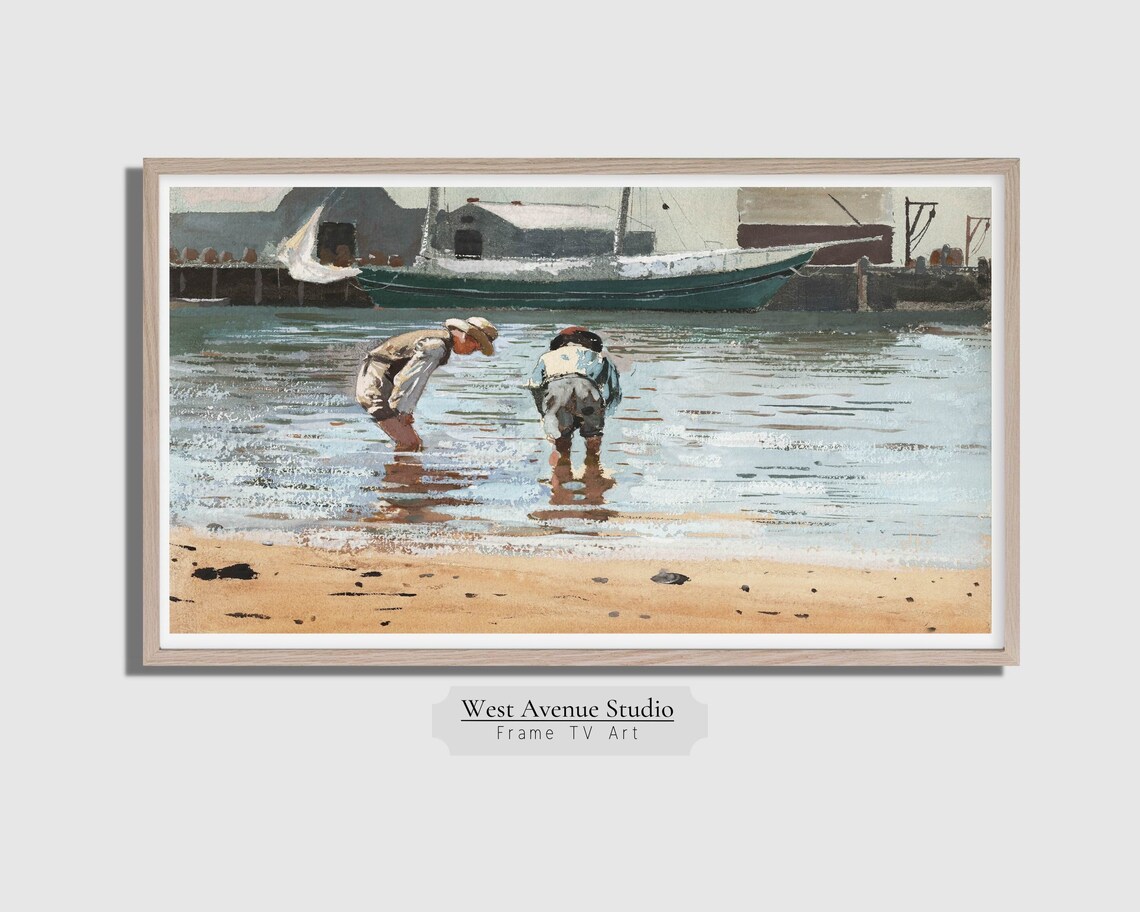 Vintage Boys Wading Harbor Fishing Boat Summer Beach Painting Poster - Image 4