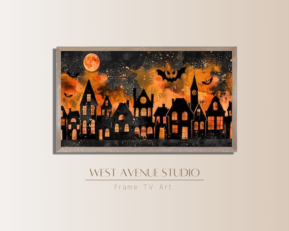 Halloween Town Silhouette Fiery Orange Sky Full Moon Bats Night Art Poster