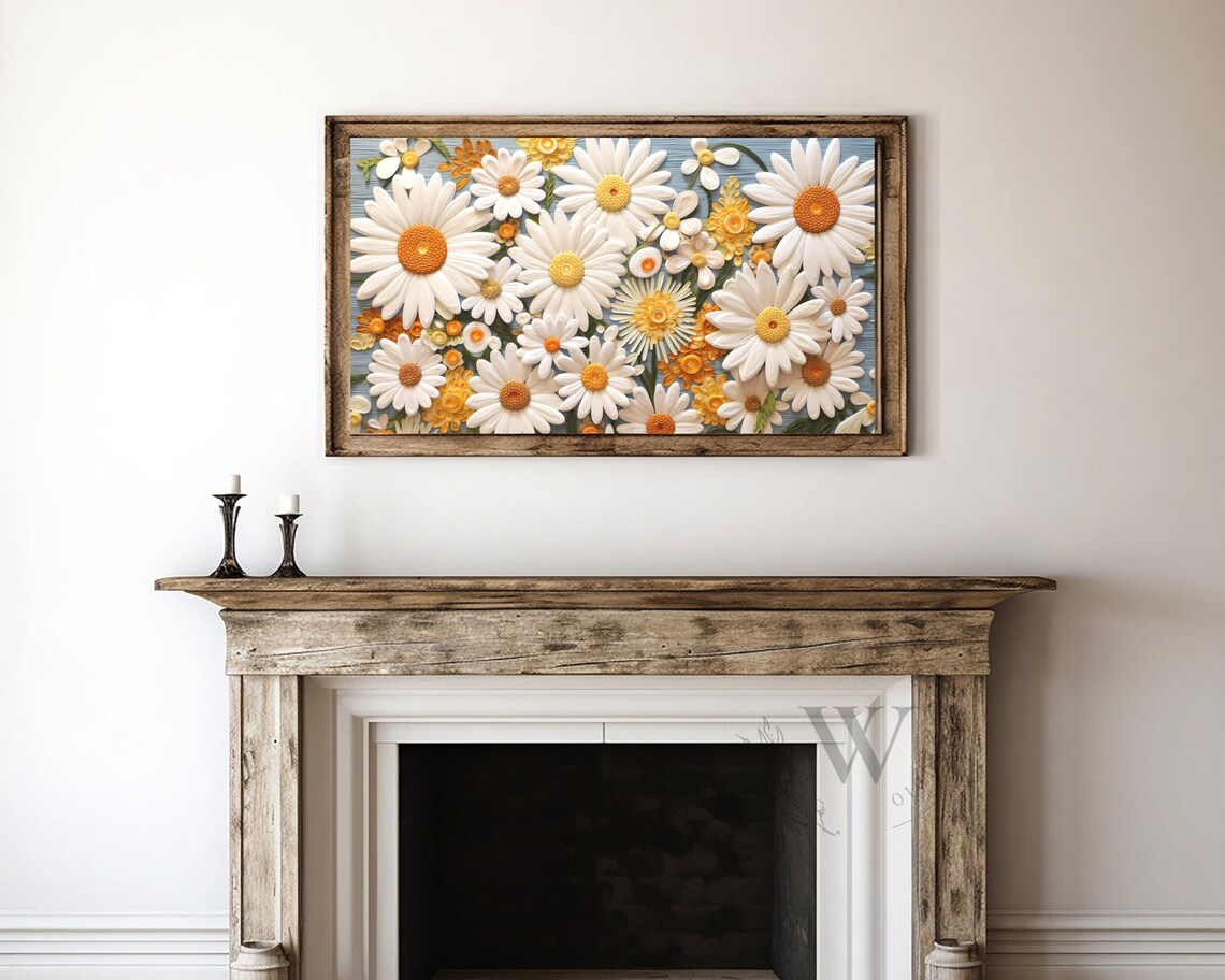 White Daisy Flowers Orange Centers 3D Embroidery Texture Summer Art Poster - Image 4