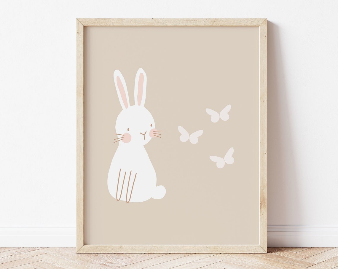 White Bunny Butterflies Minimal Nursery Wall Art Neutral Beige Print
