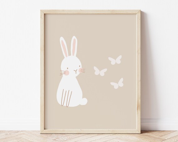 White Bunny Butterflies Minimal Nursery Wall Art Neutral Beige Print