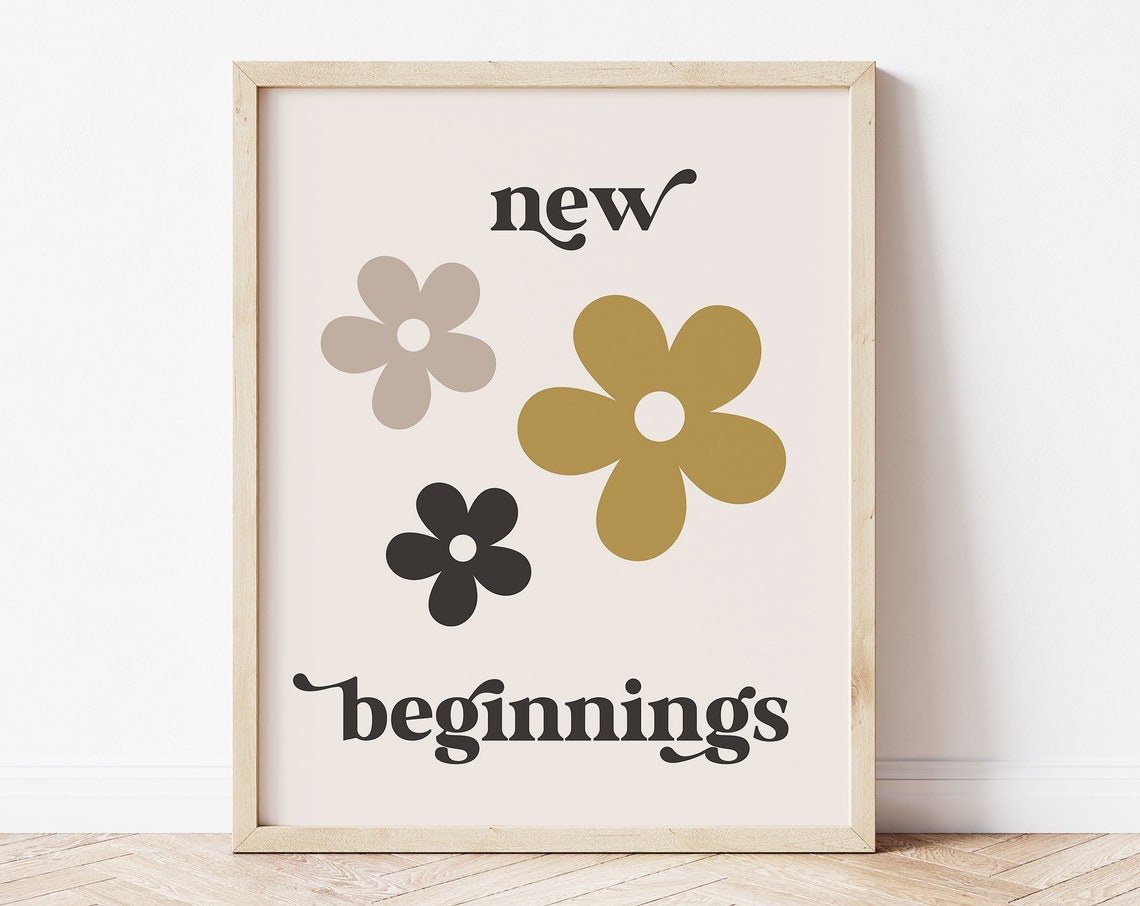 New Beginnings Retro Floral Quote Print Boho Gold Daisy Wall Art