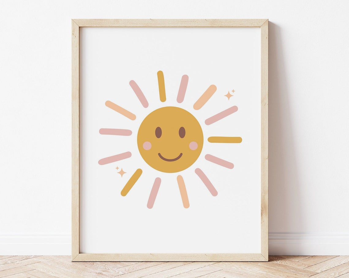Smiley Sun Pink Gold Rays Nursery Wall Art Cute Playroom Kids Print