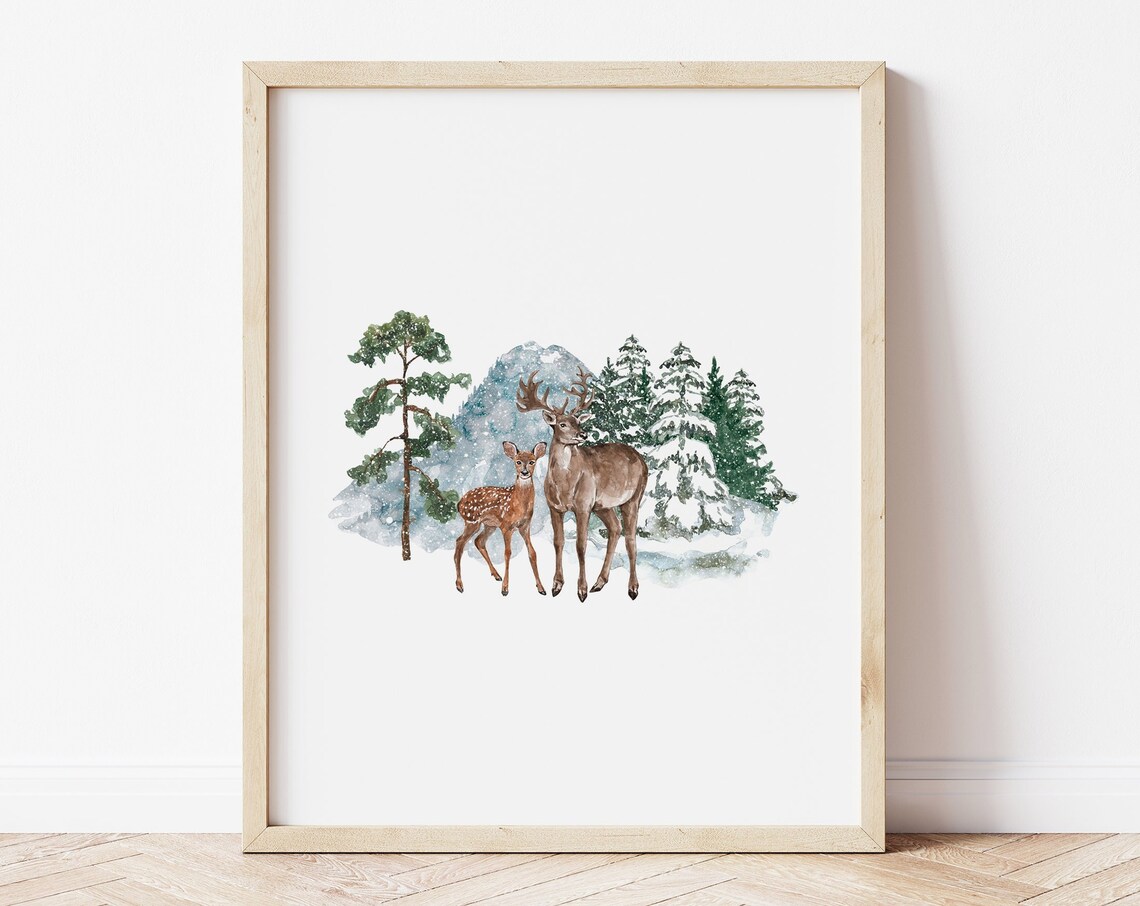 Watercolor Deer Buck Fawn Snowy Pines Winter Christmas Animal Print