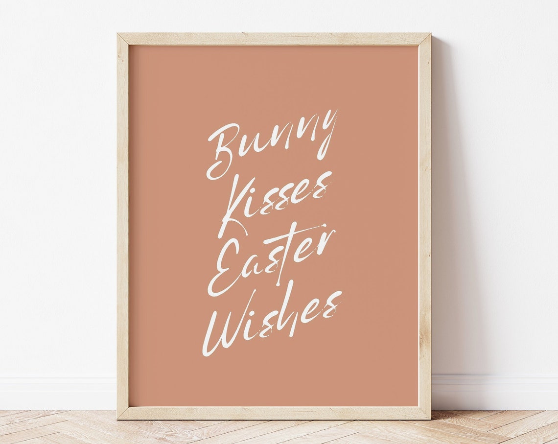 Bunny Kisses Easter Wishes Script Print Terracotta Minimal Wall Art