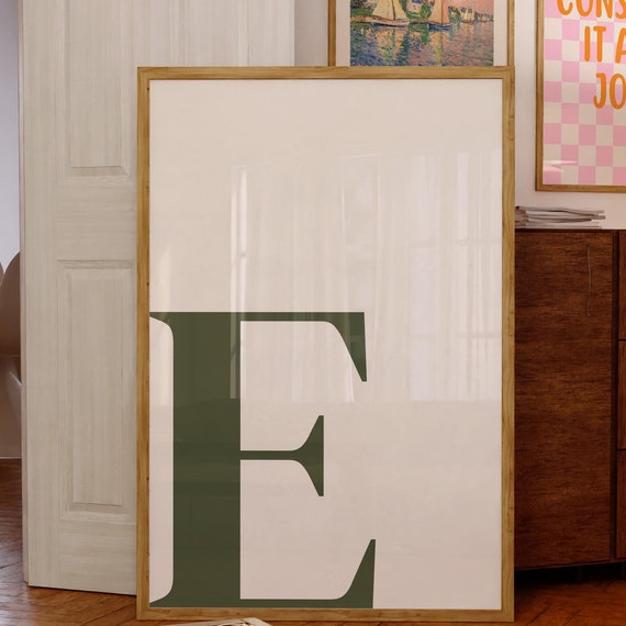 Letter E Poster Green Wall Art Print Alphabet E Letter Art Print Preppy Room Decor Green Wall Art Uppercase Name Initial E Wall Art