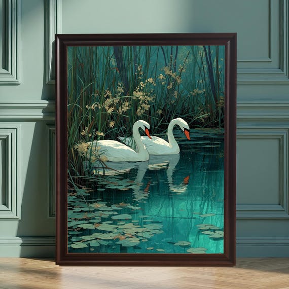 Teal Lake Swans Painting Wall Art Print Wood Framed Gicle Poster Home Decor