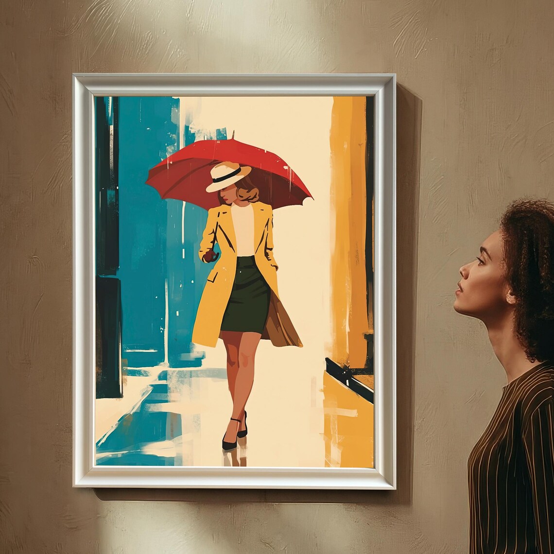 Woman With Red Umbrella Rainy City Street Fashion Art Poster