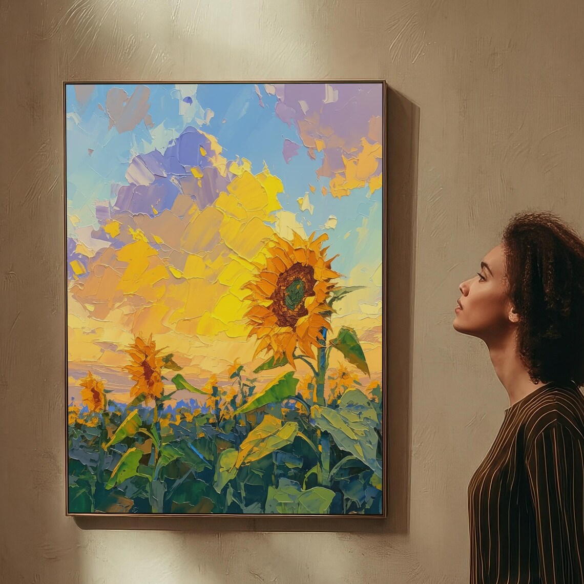 Golden Sunset Sunflower Field Impasto Oil Painting Landscape Art Print