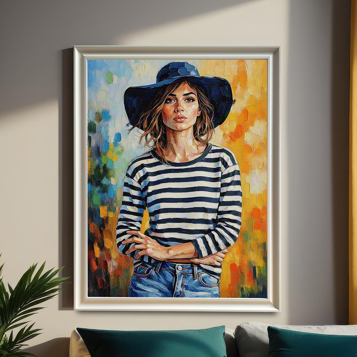Striped Shirt Woman With A Hat Portrait Art Print