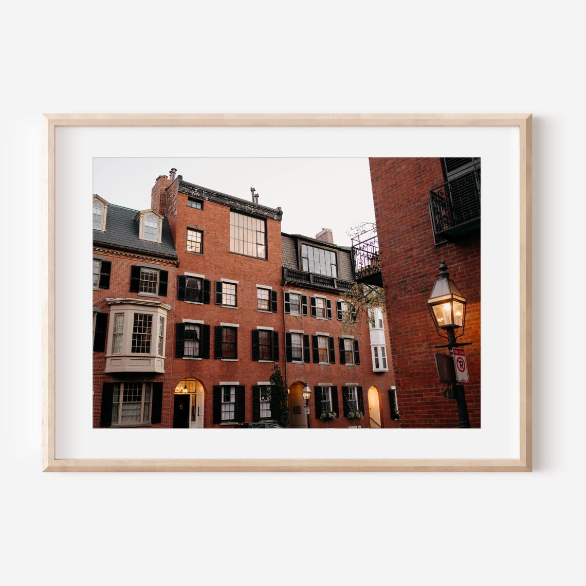 Boston Beacon Hill Brick Row Houses Glowing Warmly at Dusk Poster