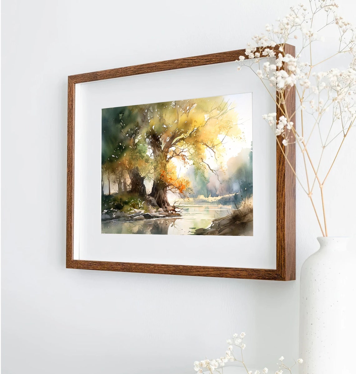 Golden Light Through Riverside Tree Calm Watercolor Art Poster - Image 2