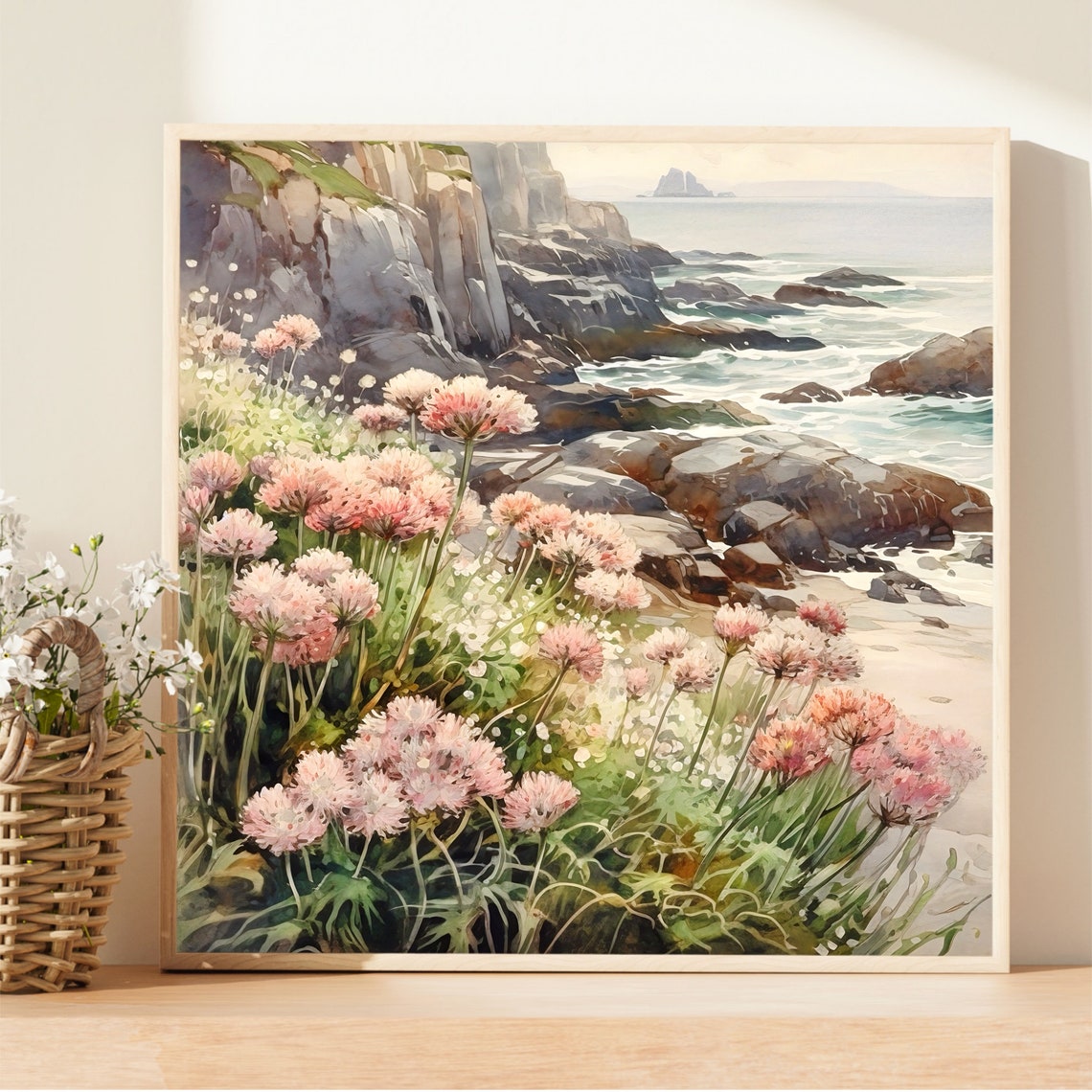 Pink Coastal Wildflowers Rocky Cliffs Ocean Watercolor Wall Art - Image 5