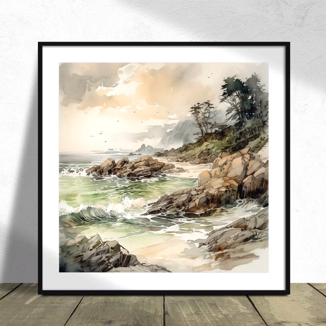 Rocky Ocean Coast Green Waves Crashing Watercolor Seascape Poster - Image 4