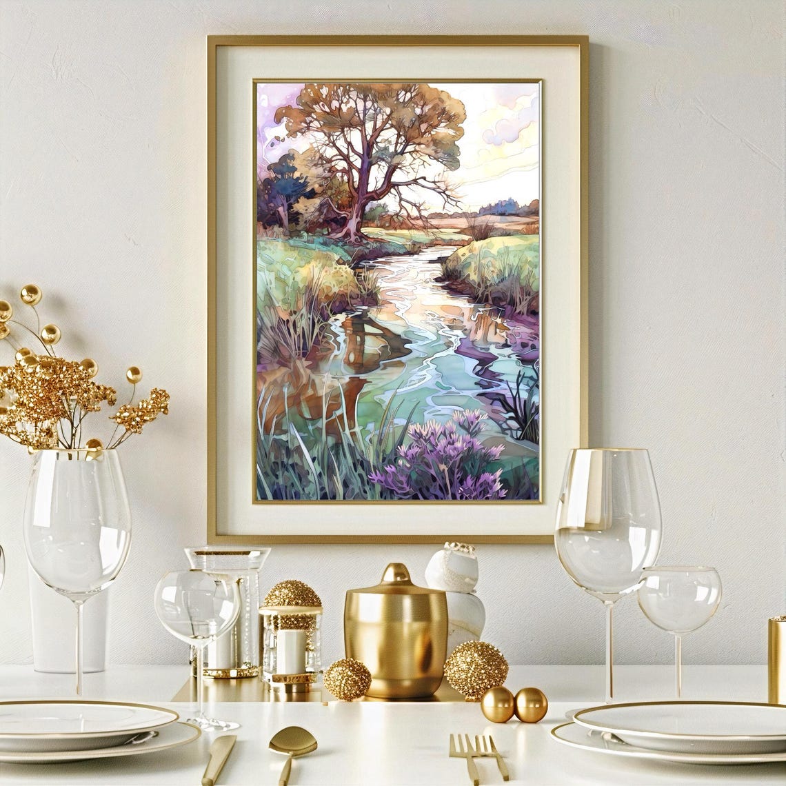 Purple Wildflowers by a Winding Stream Watercolor Landscape Poster - Image 3