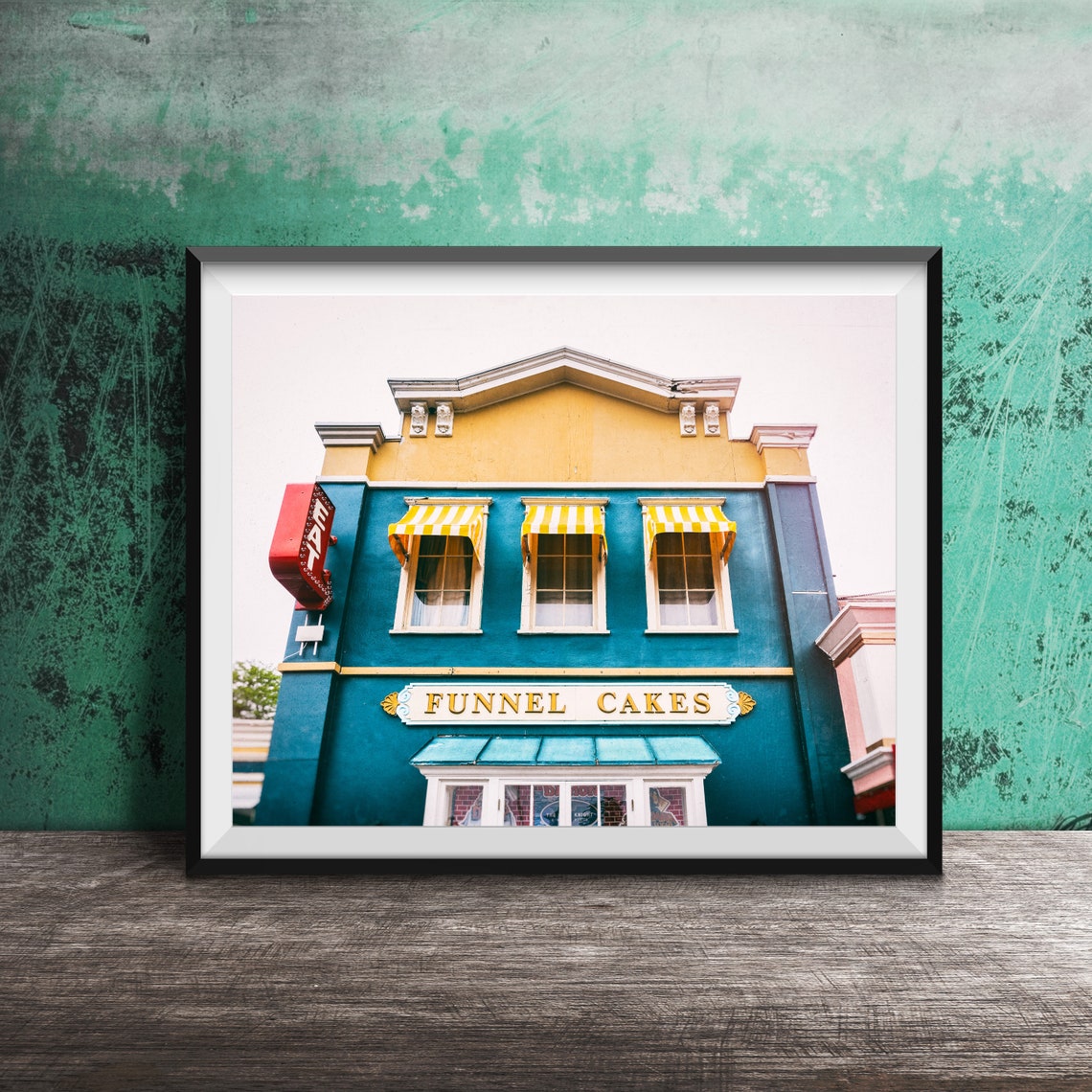 Funnel Cakes Blue and Yellow Storefront Building Photography Poster