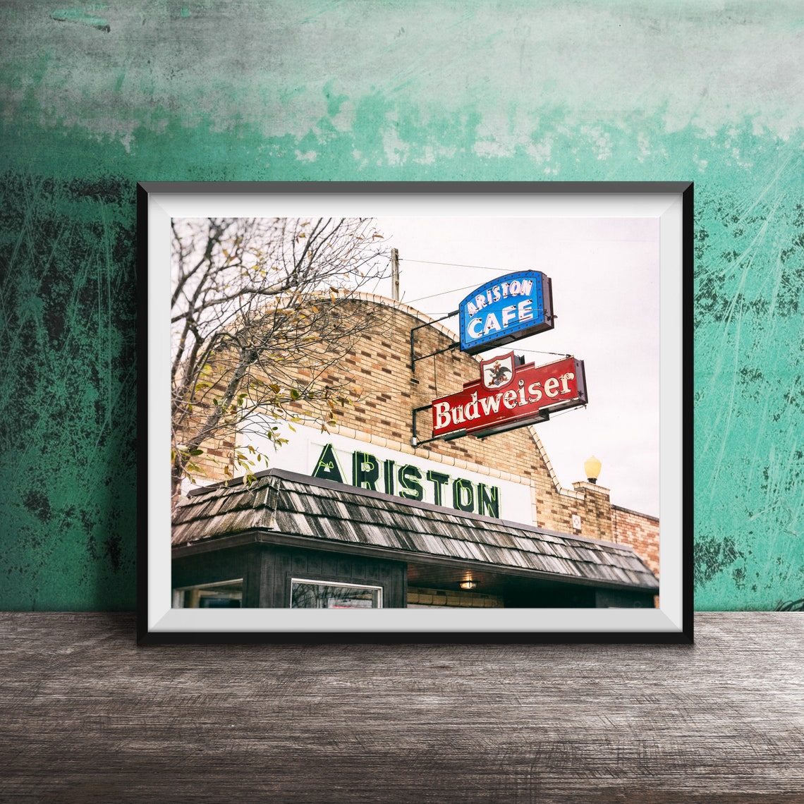 Ariston Cafe Budweiser Neon Sign Vintage Brick Corner Poster