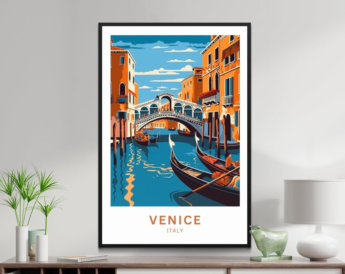 Venice Italy Rialto Bridge Gondolas Grand Canal Daytime Travel Poster