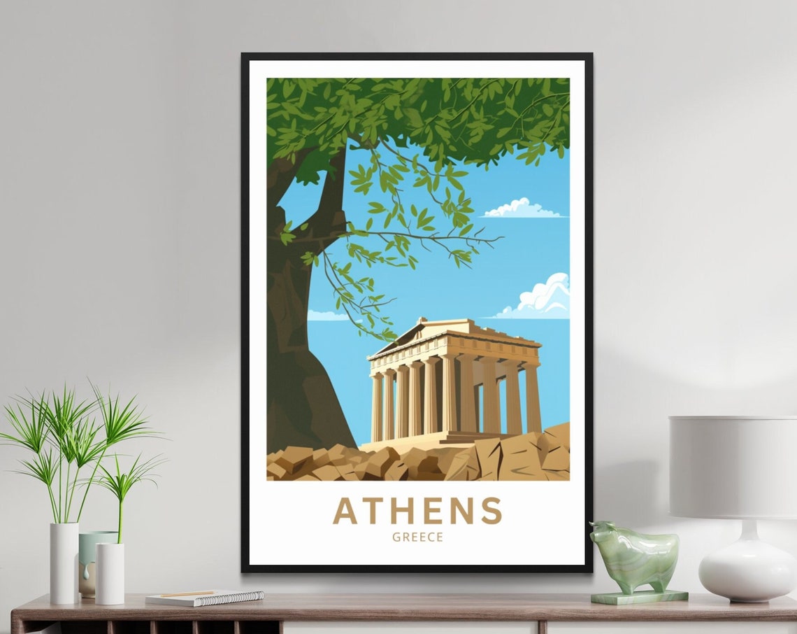 Athens Greece Parthenon Blue Sky Landmark Illustration Poster