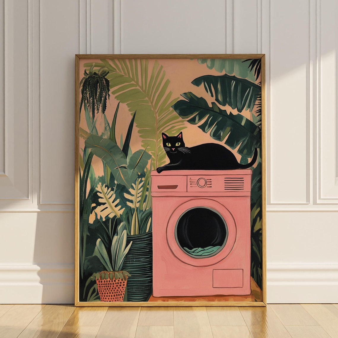 Cat Laundry Room Wall Decor Funny Black Cat Washing Machine Wall Art Tropical Plants Botanical Bathroom Art