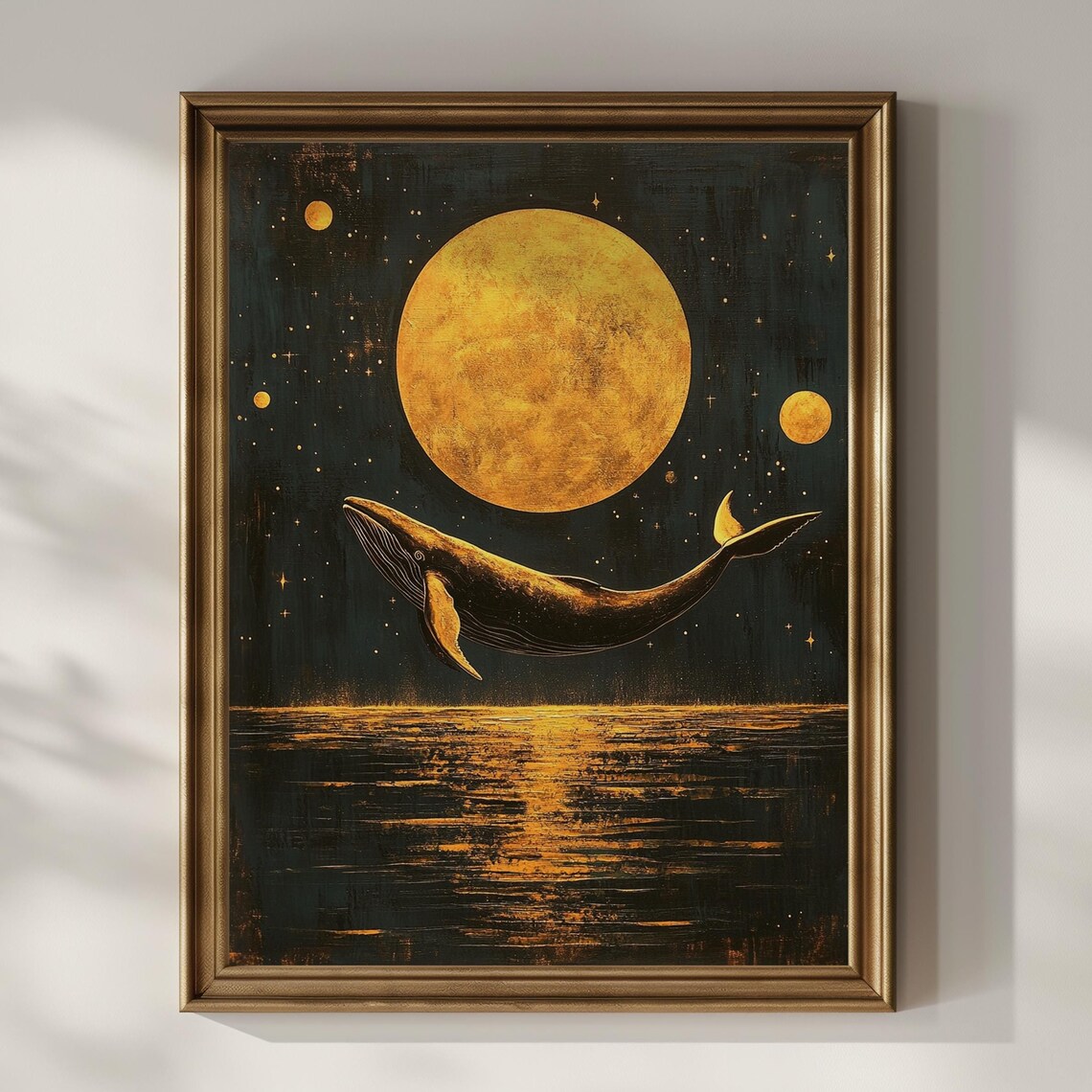 Humpback Whale Swimming Beneath Golden Full Moon Dark Ocean Wall Art