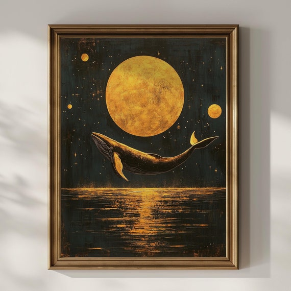 Celestial Whale Wall Art Wall Decor Full Moon Art Deco Oil Painting Dark Ocean Whale Lover Gifts Poster