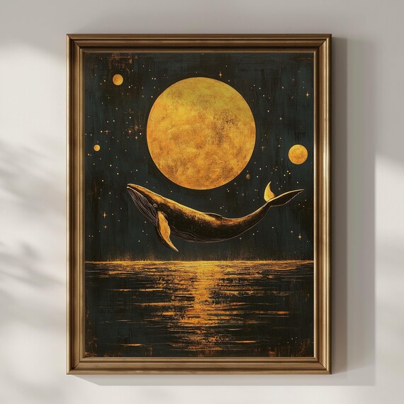 Humpback Whale Swimming Beneath Golden Full Moon Dark Ocean Wall Art