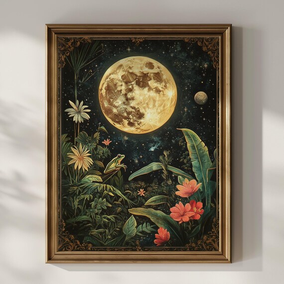 Golden Full Moon over Dark Jungle with Frog Celestial Night Art Poster