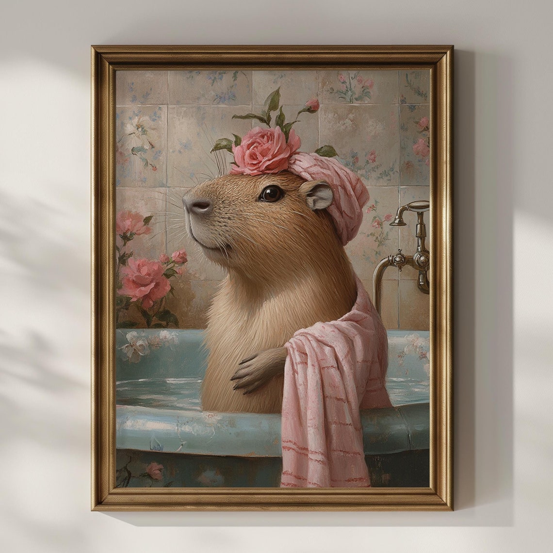 Capybara Enjoying Bubble Bath with Pink Towel and Rose Art Poster