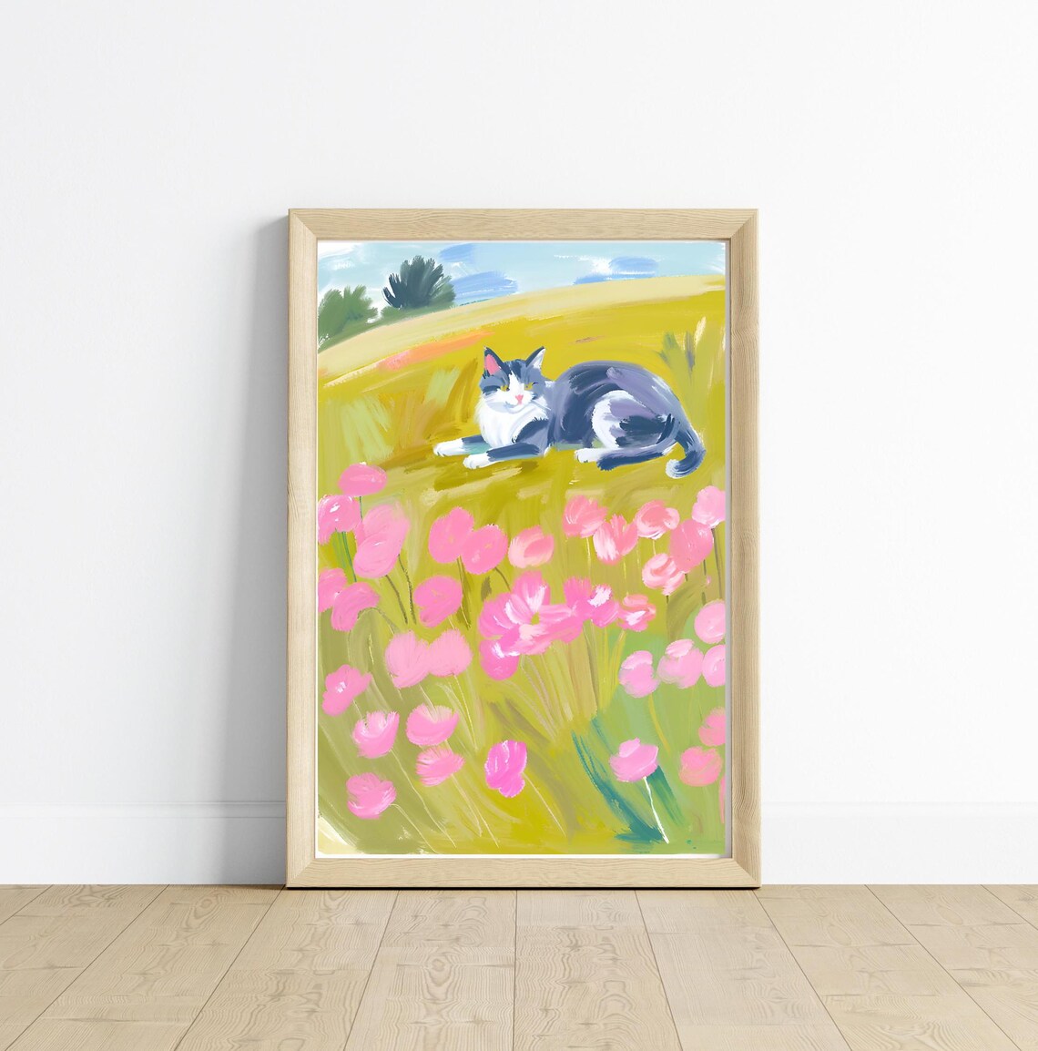 Grey And Black Valley Cat Floral Posies, Art Print