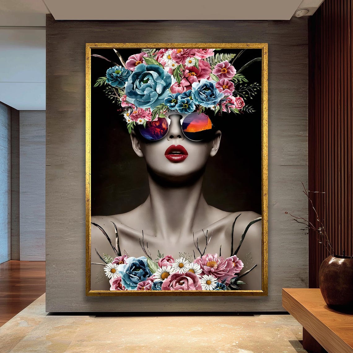 Glamorous Woman With Flower Crown and Mirror Sunglasses Poster