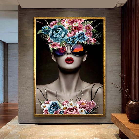 Abstract Woman Canvas Pop Art Girl With Flowers Modern Wall